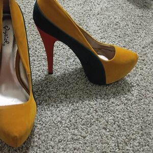 Qupid Yellow and Red High Heels